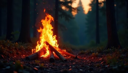 Large bonfire crackling, intense orange glow, forest silhouette, stock photo, nature