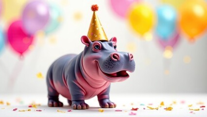  happy hippopotamus on a background of balloons, holiday card or birthday card with funny hippopotamus