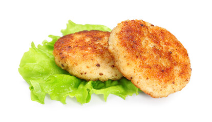 Delicious patties and lettuce isolated on white