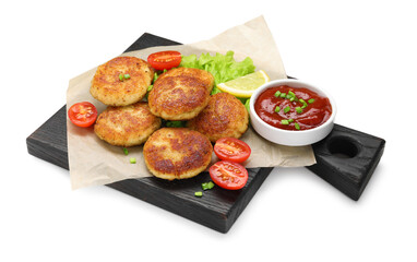 Delicious patties with green onions, tomatoes and ketchup isolated on white