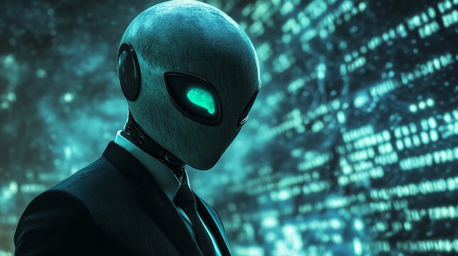 A man in a suit is standing in front of a computer screen with a green alien on