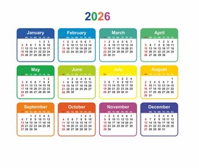 Calendar grid 2026 colorful vector Simple layout of pocket or wall calendar, Sunday Start Horizontal colorful calendar