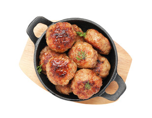 Tasty patties and dill in frying pan isolated on white, top view