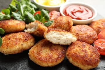 Many tasty patties on dark table, closeup