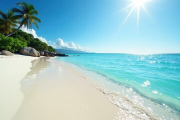 Shimmering aqua, pristine beach, ethereal light filters through shallows , foam, serenity
