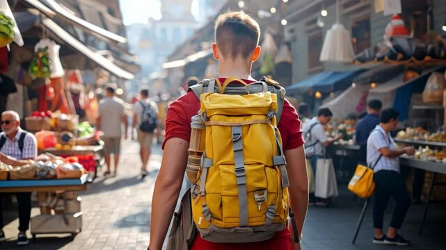 Exploring the Vibrant Marketplace: A solo traveler ventures into a bustling marketplace, his bright yellow backpack stands out against the vibrant colors and diverse people.