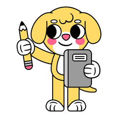 cute dog holding a notebook with a pencil