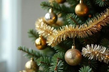 Gold and silver garland covered Christmas tree, Christmas tree,, garland