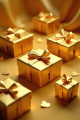 Gold gift boxes scattered on a luxurious golden table, special occasion, gift box, golden