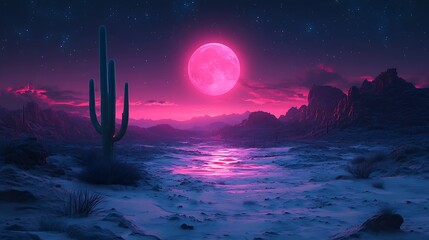 Mystical desert atmosphere with a glowing green cactus under the surreal light of a pink moon