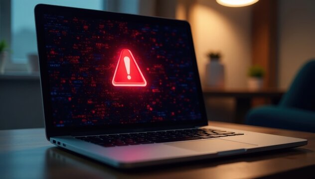 Laptop screen displaying virus alert, data loss imminent, cybercrime, alert, firewall