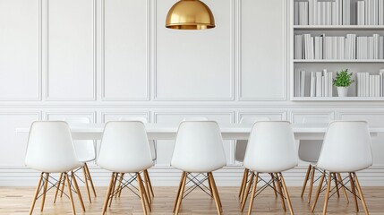 Fototapeta premium Modern Conference Room with White Chairs and Gold Pendant Light