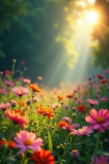 Obraz premium Sunbeams illuminate a profusion of wildflowers , nature photography, red