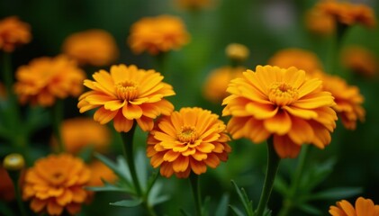 Obraz premium Vibrant orange calendula blossoms in a lush garden bed, bloom, aesthetic, bright