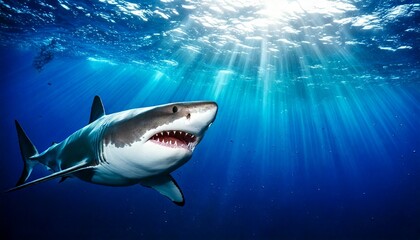 Fototapeta premium Great white shark in ocean, mouth open showing teeth, copy space on right on image