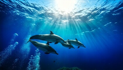 a pod family of dolphins in the ocean 