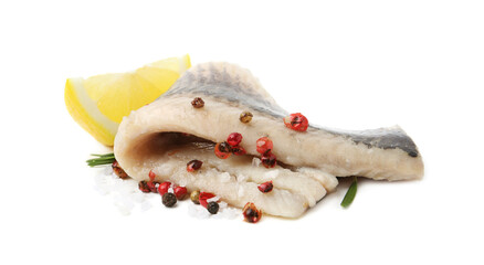 Marinated herring fillet with rosemary, salt, peppercorns and lemon isolated on white