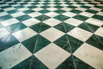 A checkered marble floor displays green and white diamond patterns