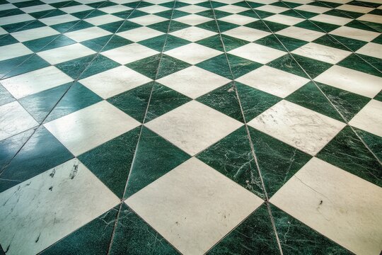 A checkered marble floor displays green and white diamond patterns