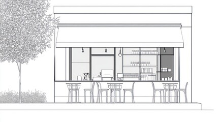 Street-side cafe architectural drawing, exterior view, showing patio and storefront. Possible use Architectural plan