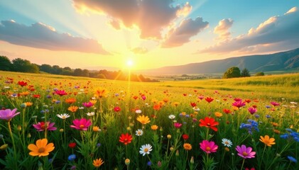Fototapeta premium Golden hour illuminates colorful wildflowers in vast meadow, azure sky above, sunshine, blue sky, peaceful