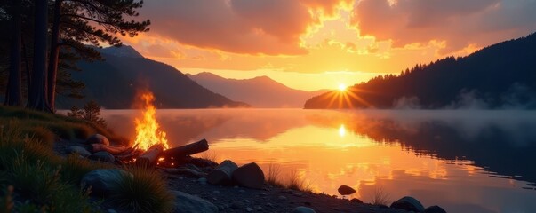 Golden sunrise paints lake, campfire crackles softly, dreamlike, morning