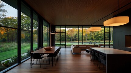 Fototapeta premium Modern Open Concept Dining Area with Large Windows and Natural Light