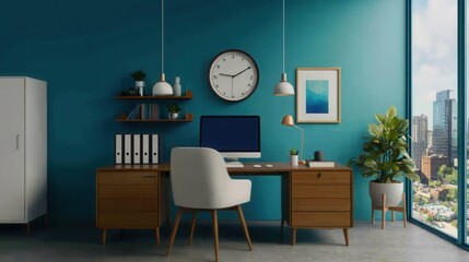 Modern Home Office Setup with Stylish Furniture and City View