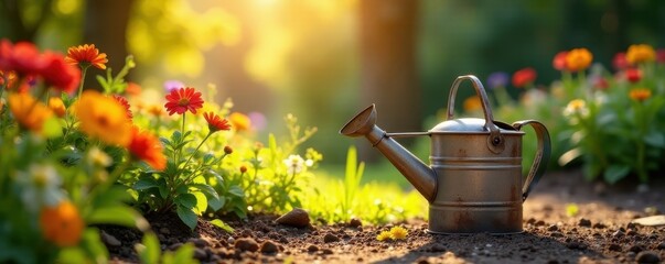 Sun-drenched garden, vibrant blooms, trowel & watering can, sun, color, soil