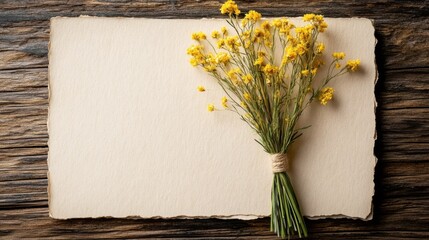 A delicate bouquet of yellow flowers is tied with twine, resting beside a piece of textured, blank paper on a rustic wooden surface, Ideal for stationery, invitations, or creative projects,