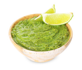 Tasty avocado dip in bowl and lime isolated on white