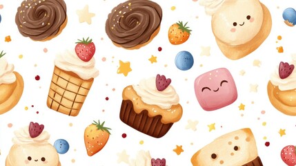 Bright and playful illustration featuring various desserts like cupcakes, ice cream cones, and fruity treats on a white background, Ideal for packaging, invitations, or children's products,