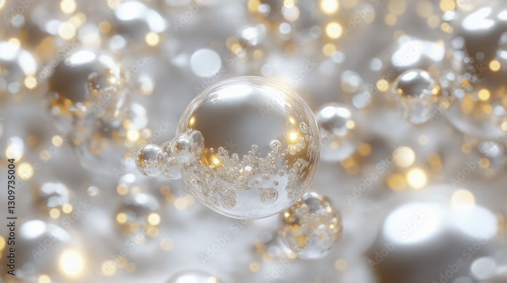 Poster close up of shiny, reflective bubble surrounded by smaller bubbles, with soft, glowing background. i