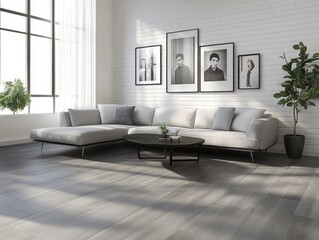 Modern living room with light gray flooring, sectional sofa, and framed photos on a white brick wall. Sunlight streams through large windows.