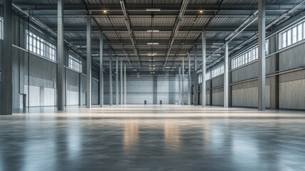 Obraz premium Vast Empty Industrial Warehouse Space, Modern Architecture and Interior Design