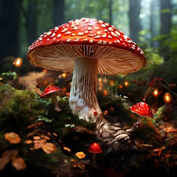 A large red mushroom in a dense forest with moss and other fungi