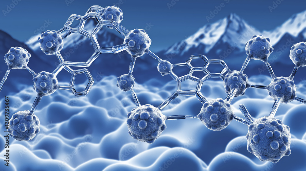 Poster molecular structure with hexagonal and spherical elements is depicted against backdrop of snowy moun