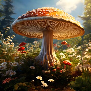 Large, sunlit mushroom in a forest setting with white flowers.