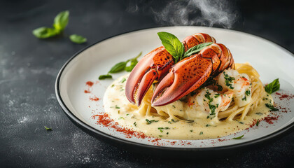 high end pasta dish featuring lobster and creamy sauce, garnished with herbs