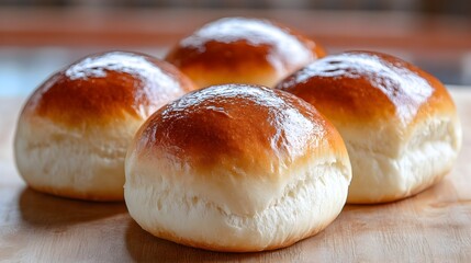 Three freshly baked rolls placed on a rustic wooden table, highlighting their texture and deliciousness in a natural setting