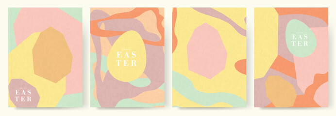 Happy Easter! Modern art minimalist style. Happy Easter banner, poster, greeting card. Easter minimalist design with typography, flowers, bunnies and eggs in pastel colors.