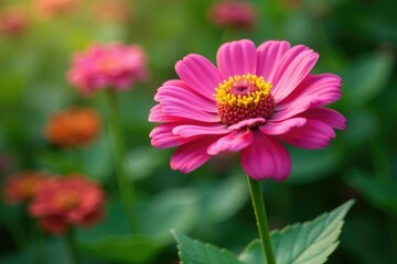 Obraz premium Large pink giant zinnia flower with soft petals in garden, pond, mast, stem