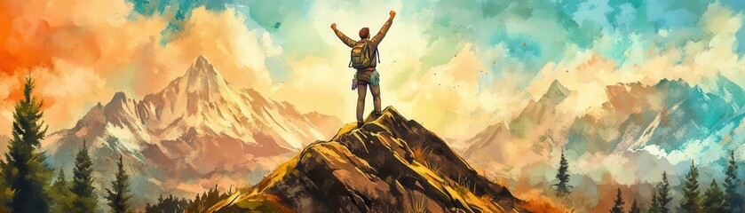 Obraz premium Adventurer Celebrates Achievement on Mountain Summit at Sunrise