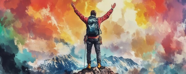 Man Celebrating on Mountain Top Against Colorful Sunset Sky