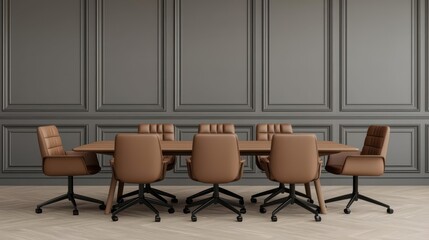 Fototapeta premium workspace design soundproofing solutions innovation. Modern conference room featuring a sleek wooden table and stylish brown chairs against a gray wall.