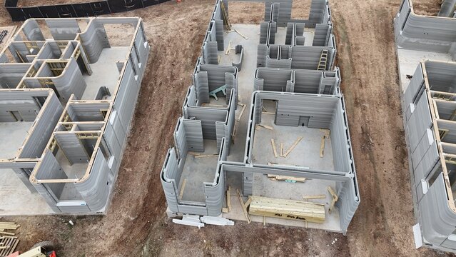 3D printed residential community - aerial view of homes built using giant 3-D printer 