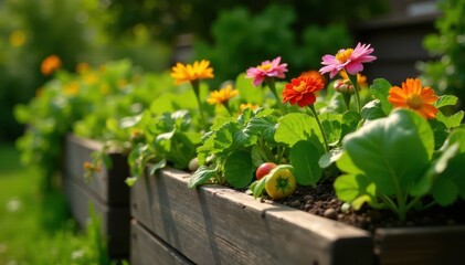 Naklejka premium Rustic wooden raised bed brimming with vibrant flowers and thriving vegetables , planter box, garden bed