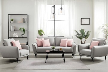 Modern living room with light gray sofa and accent chairs, featuring blush pink throw pillows, a glass coffee table, and plants.