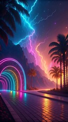 Naklejka premium Surreal Neon Landscape: Rainbow Arch, Vibrant Lightning, and Silhouetted Palms - A Dreamlike Tile Pathway Image..