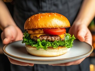 Gourmet Burger: A mouthwatering gourmet burger, meticulously crafted with fresh ingredients, presented on a plate by an unseen hand, showcasing the artistry of culinary delight.